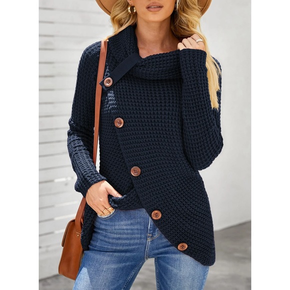 Long Sleeve Waffle Knit Cowl Neck Sweater - Picture 10 of 11